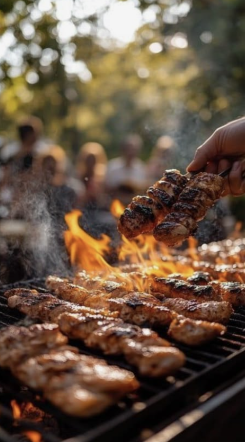 Fleisch auf dem Grill bei einem gemeinsamen BBQ-Abend im Freien